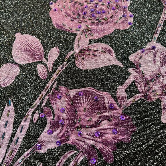 NWT Vtg Elegant Sequins Floral Shimmering Black & Purple Violet Long Sleeve Top - Picture 3 of 10